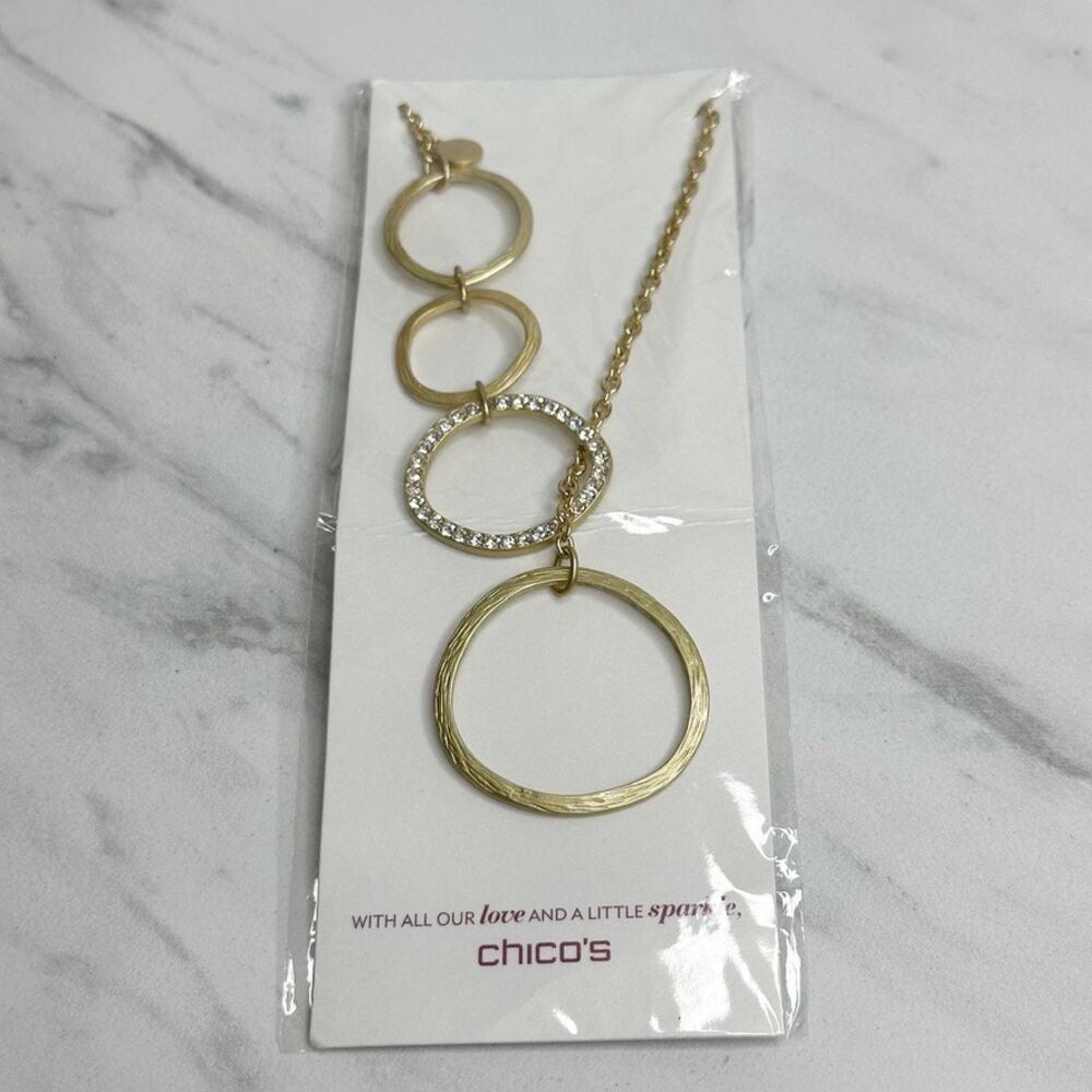 Chicos Interlocking Rings Pave Rhinestone Gold Tone Adjustable Lariat NWT ✨